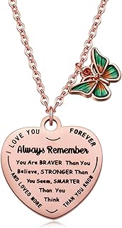 Always Remember You are Braver Than You Believe Butterfly Rose Gold Love Heart Pendant Necklace Inspirational Gifts for Girls Teens