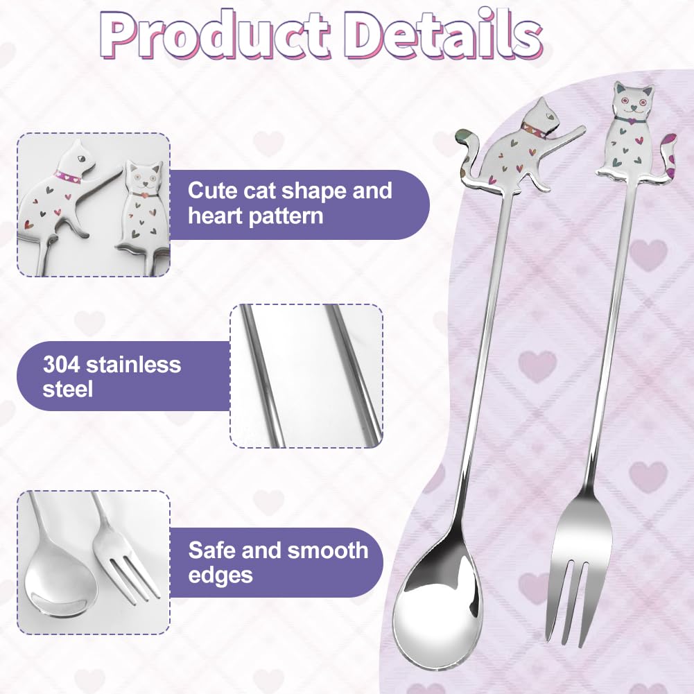 Cuillère à friandises pour chat, 2 petites fourchettes et cuillères en acier inoxydable facile à nettoyer ensemble mignon de cuillère de nourriture pour chat pour la nourriture humide en conserve pour