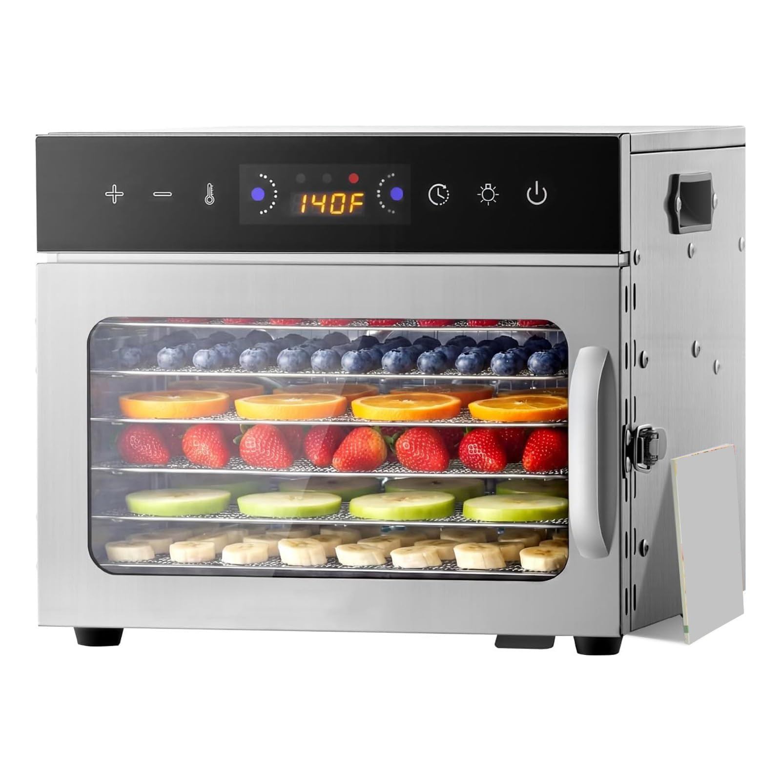 Deshidratador digital silencioso de 400 W, 6/8 bandejas, puerta de vidrio y flujo de aire 360°.35–74 °F, funcionamiento eficiente para elaborar snacks saludables, frutas desecadas