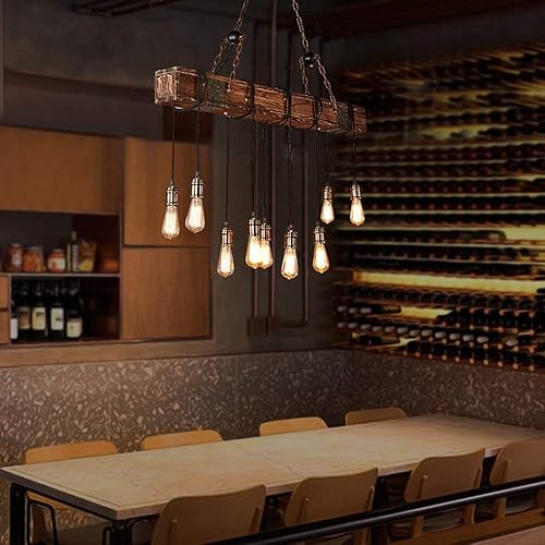 Miniatura 5 de Candelabros rústicos de granja para comedor e isla de cocina, iluminación colgante de madera ajustable de 10 luces de 43.3 pulgadas, luz colgante de