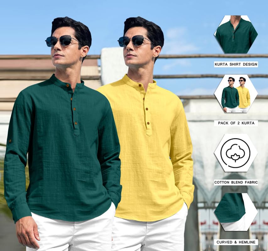 Image of ROYALSCOUT Combo of Men's Solid Cotton Blend Full Sleeve Straight Kurta Shirt (Pack of 2)