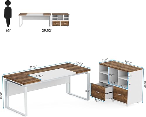 Miniatura 2 de Tribesigns Escritorio en forma de L con cajones, escritorio de oficina de 63 pulgadas con archivador, escritorio ejecutivo para computadora con