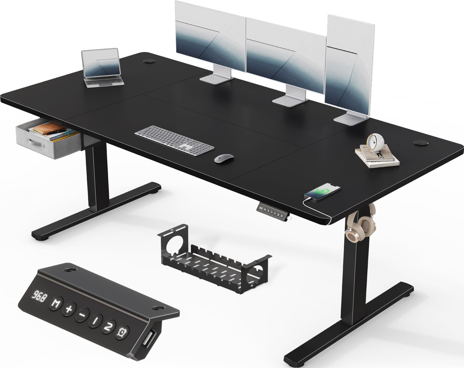 Devoko 180x80cm Escritorio Elevable Eléctrico con Cajones, Escritorio Regulable en Altura de Carga USB-A, Mesa Escritorio Elevable de Gestión de Cables y de Recordatorio de Postura Sentada,Negro