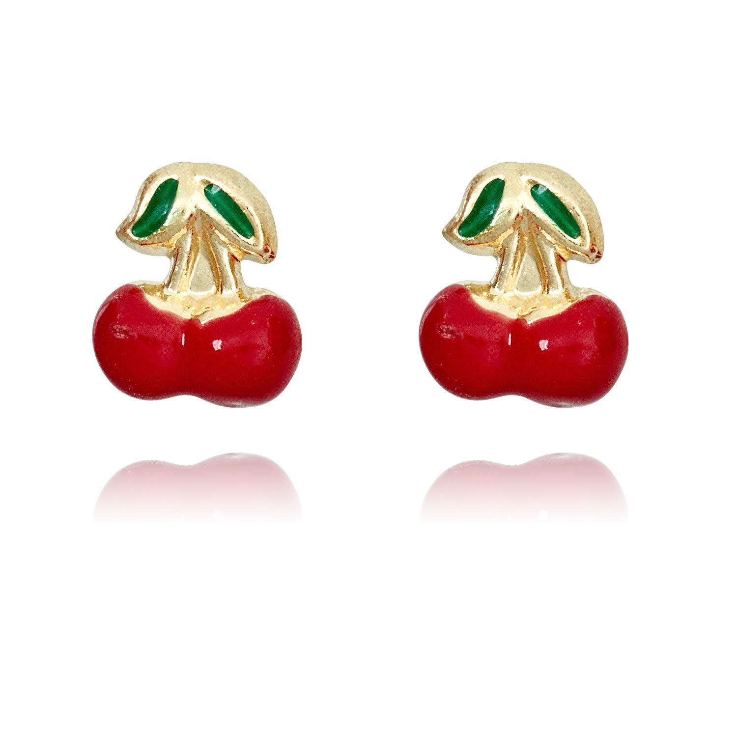 AVORA10K Yellow Gold Red Enamel Cherry Stud Earrings