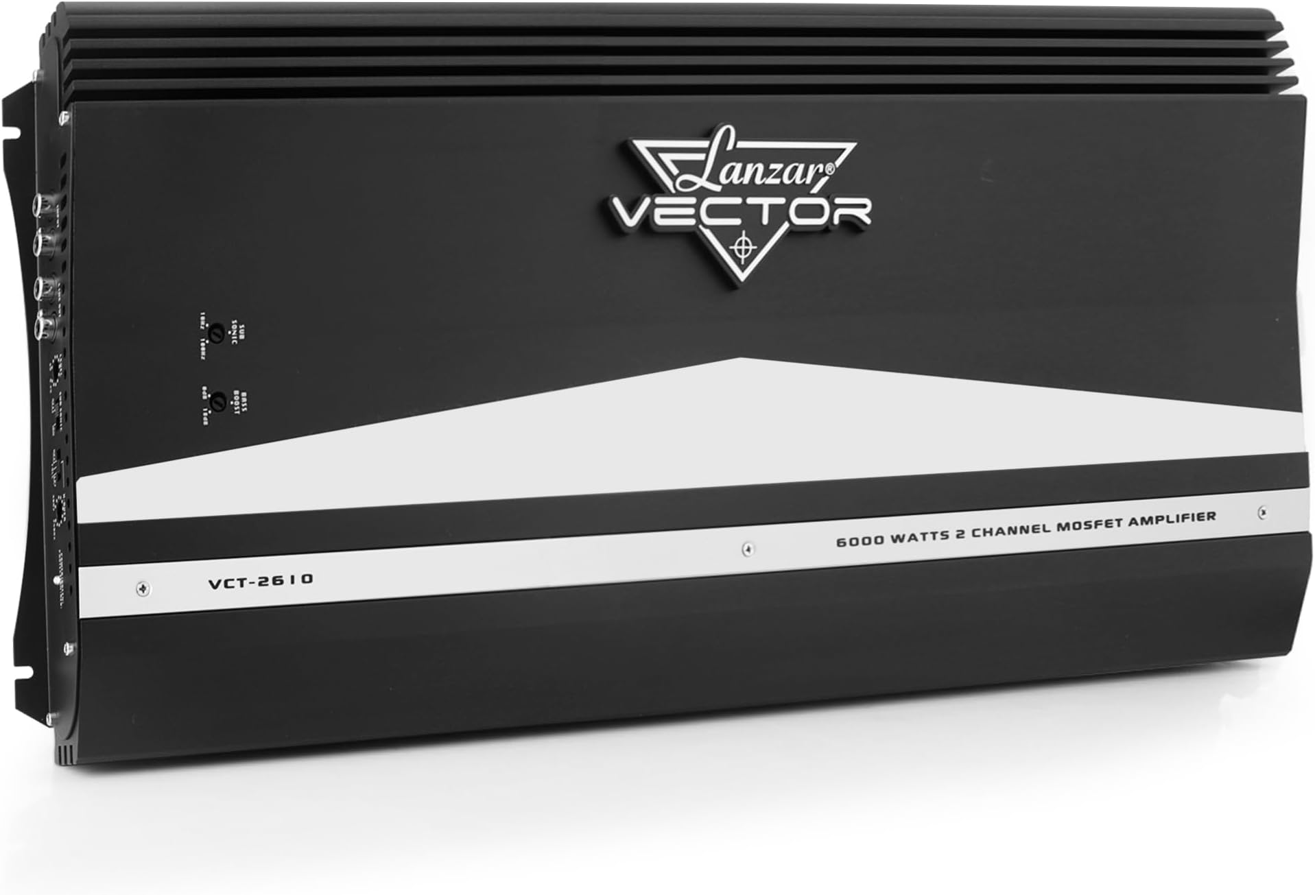 2-Channel High Power MOSFET Amplifier - Slim 6000 Watt Bridgeable Mono Stereo 2 Channel Car Audio Amplifier w/ Crossover Frequency and Bass Boost Control, RCA input and Line Output - Lanzar VCT2610
