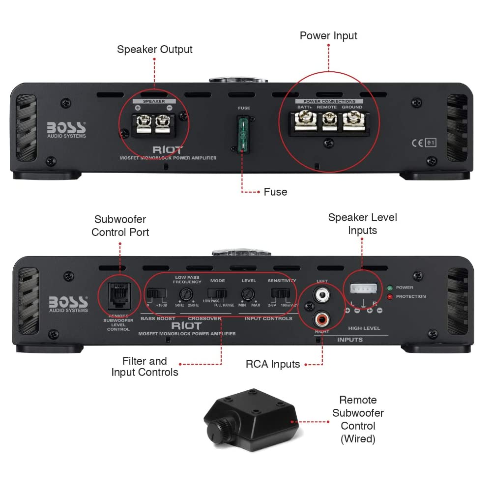 BOSS Audio Riot R1100M Mono Amplificador de coche Plus Sub Bass Remote Kit de cableado