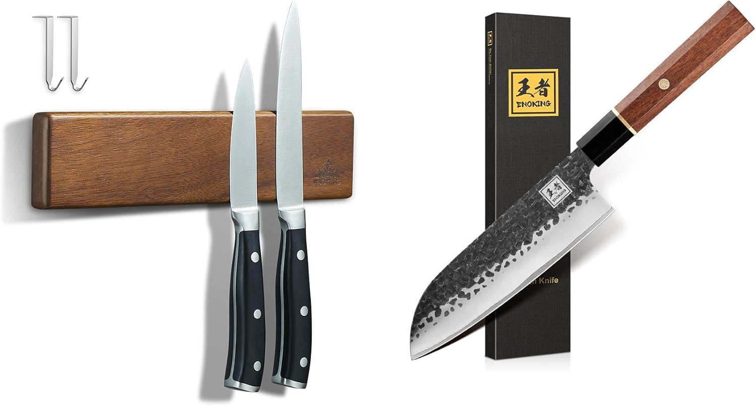 Magnetic Knife Holder for Wall 10 Inch + Japanese Santoku Knife 7 Inch, Knife Magnetic Strip No Drilling Acacia Wood Wall Knife Holder Magnet Magnetic Knife Bar with 2 Hooks