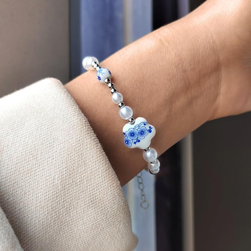 Cute Flower Bracelet for Women Dainty Pearl Bead Ball Bracelets Adjustable Sweet Chain Link Bracelet Vintage Blue and White Porcelain Bracelets Fashion Trendy Birthday Christmas Jewelry Gift - Image 3