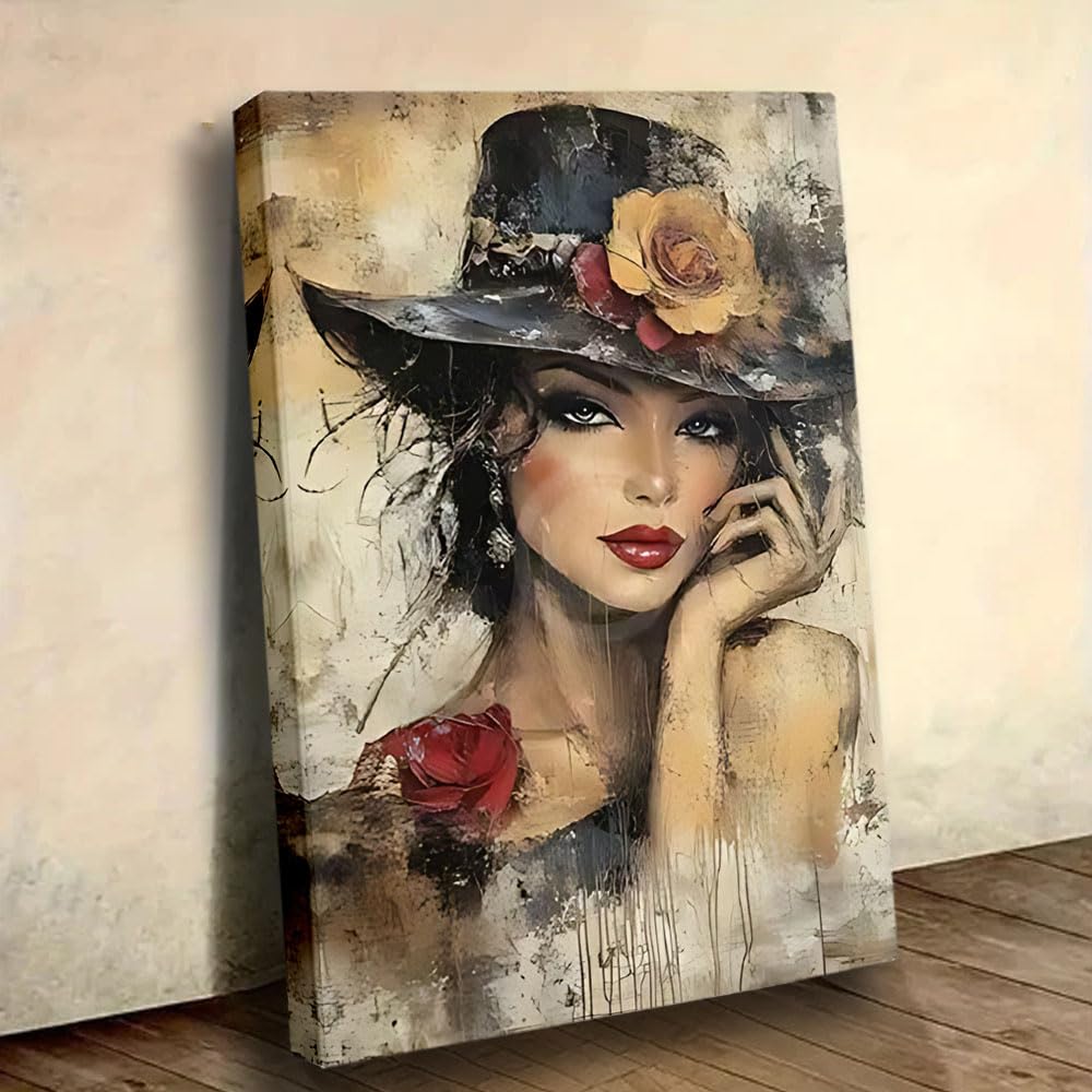 awitufhgp 1pc Canvas Artwork Featuring a Woman with Flower-Decorated Hat, for Enhancing The Decor of Your Living Room, Bedroom, Study(55x75cm/22x30in(WxH)/No frame)