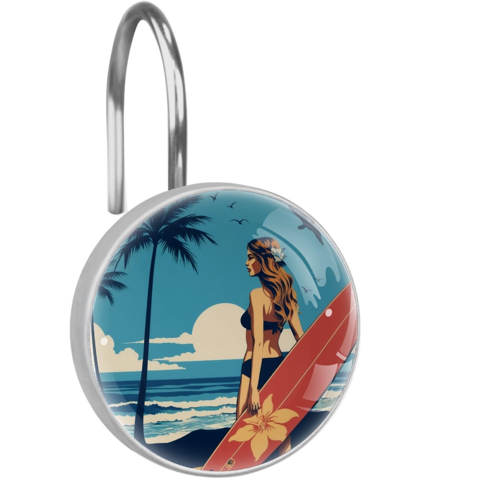 VAPOKF Decorative Shower Curtain Hook, Palm Tree Beach Rustproof Stainless Steel Shower Curtain Hook for Bathroom, Shower Curtain Hangers for Shower Rod