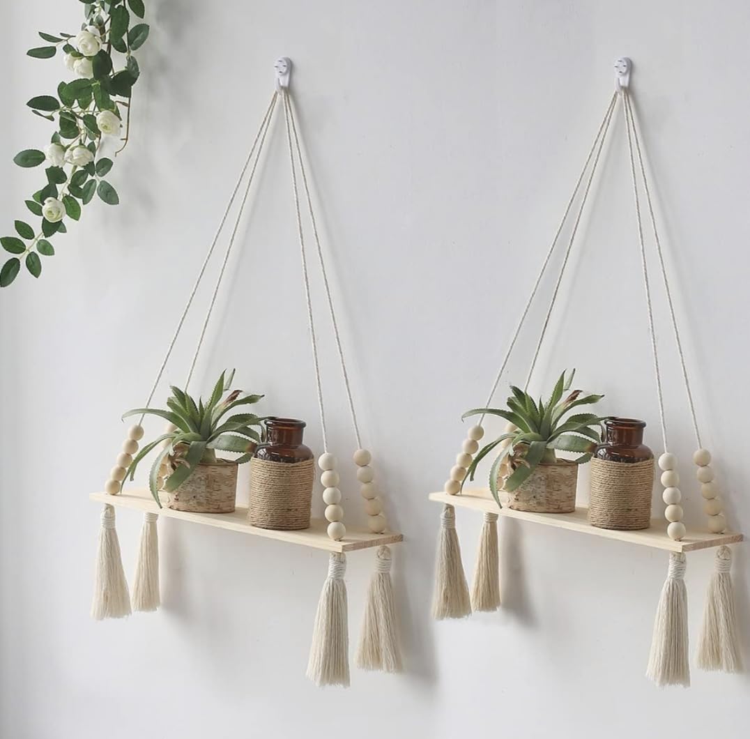 Cotton Macrame Wall Hanging Shelf for Home Decor Set of 2-Pieces|51|Woven Art for Home Decoration,Apartment, Dorm, Bed/Living Room, Nursery, Party Decoration 14X5X22 in, 2-Pcs, White