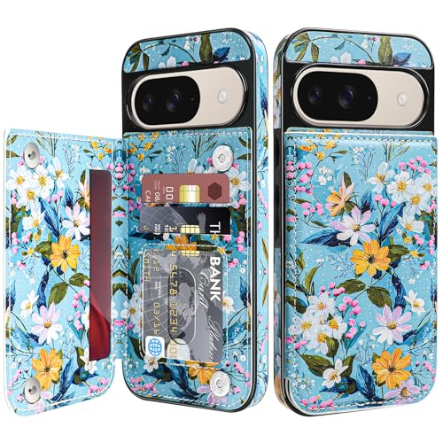 Bizzib for Google Pixel 9/ Pixel 9 Pro Case Leather Wallet with Card Holder Flip Cover Kickstand Magnetic Closure Shockproof Heavy Duty Protective Case Sky Blue