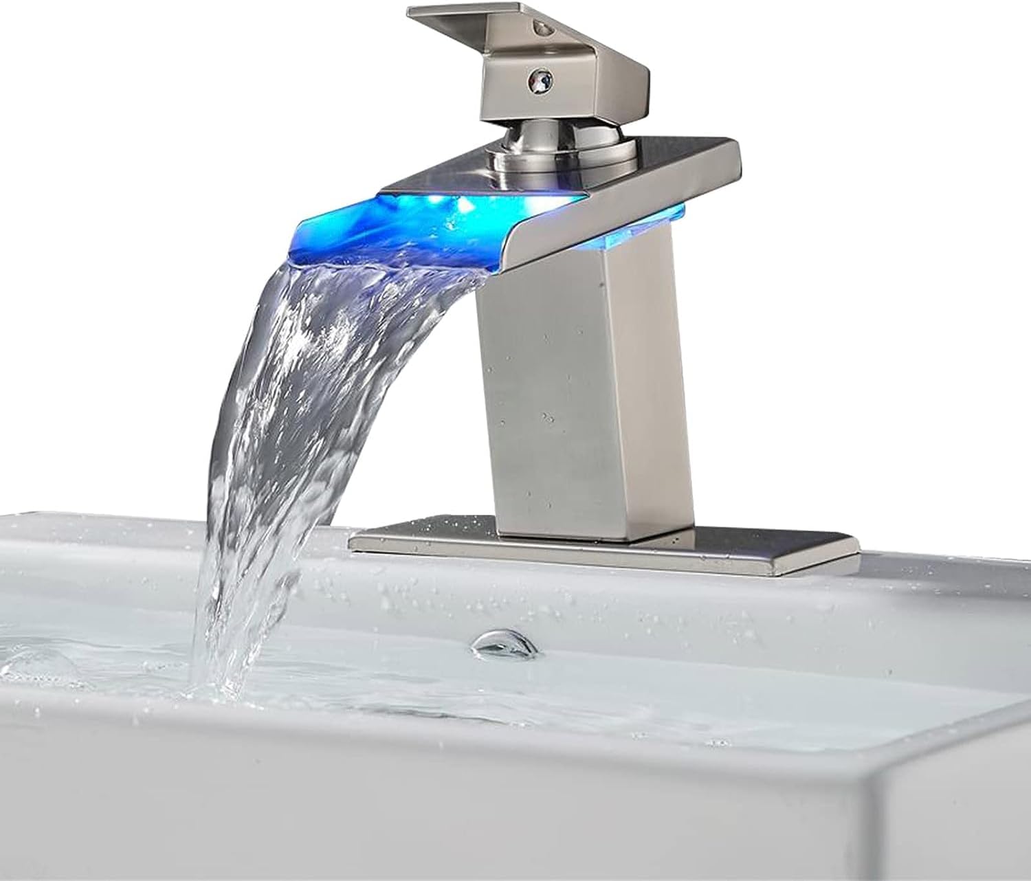LOOPAN Bathroom Sink Faucet Waterfall Spout LED Light Hydropower 3 Colors Changing Hot and Cold Water Mixer, Single Handle Single Hole Deck Mounted Bathroom Tap Faucet Brass Lead-Free