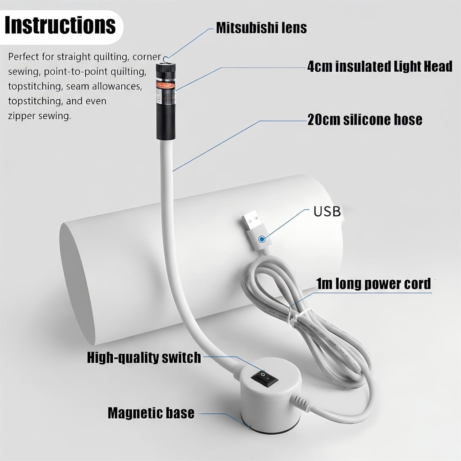 Magnetic Positioning Quilting Light with Crosshair – Hands-Free Adjustable Red Laser Seam Guide for Sewing Machine Straight Stitch. Plug-in for Quilting, Miter Saw & Heat Press(Crosslight-Plug)
