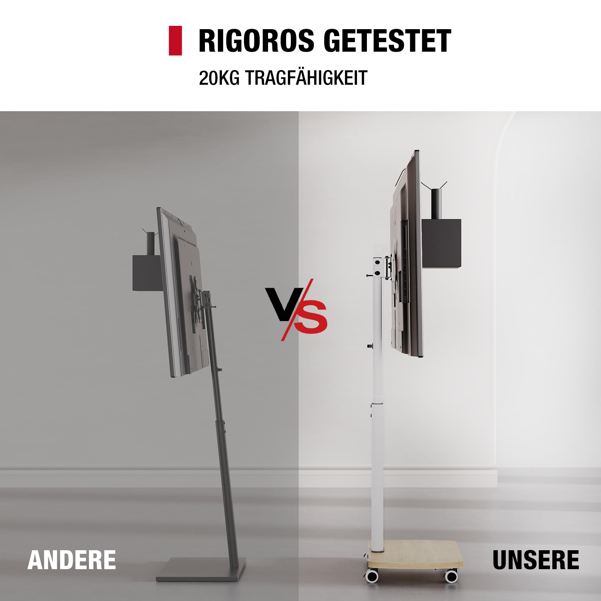 AOKCOS TV Ständer Rollbar mit Holzbasis, Fernsehständer Rotierbar für 19-42 Zoll Fernseher, TV Bodenständer mit Rollen Höhenverstellbar Schwenkbar, bis 20 kg Max. VESA 200x200mm (Weiß+Natur)