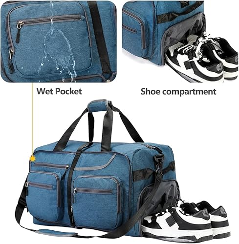 Miniatura 6 de Bolsa de viaje plegable de 65 litros con compartimento para zapatos y bolsillo húmedo, impermeable y resistente a desgarros, A4-azul oscuro