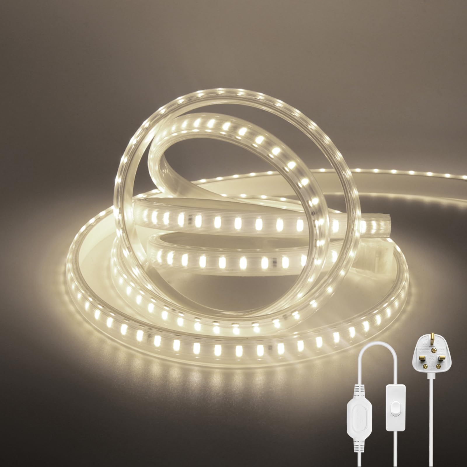 KAFULA - 220V Flexible LED Strip Light with On/Off [1m, Natural White 4000-4500K], SMD2835 IP65 Waterproof LED Fairy Lights, 120 LEDs/M Cuttable LED Rope Light CRI85+, Home/Store Decoration — image 1
