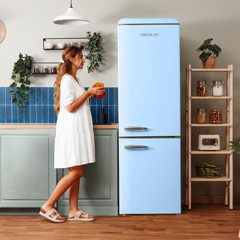 Cecotec Retro-Kühl-Gefrierkombination mit 300L Bolero CoolMarket Combi Origin 300 Blue E, Klasse E, Innenbeleuchtung LED, Crisper Box, Temperaturregelung, verchromter Griff und Glasregale.