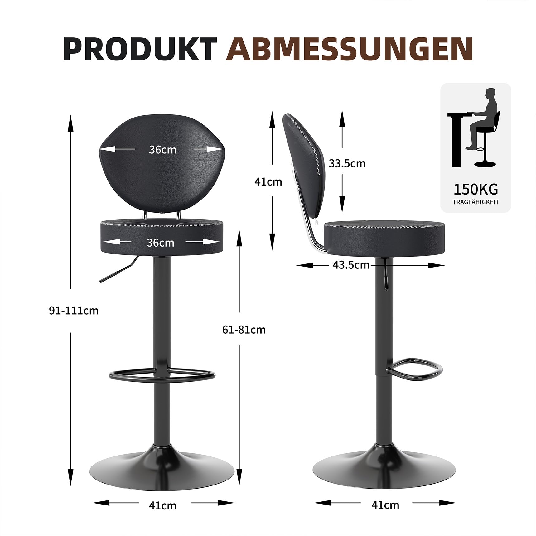 Youhauchair Barhocker 2er Set, 360 drehbare Barhocker mit Rückenlehne, Höhenverstellbarer Küchenhocker aus Kunstleder, Mid-Century-Vintage Bar Stools, Schwarz