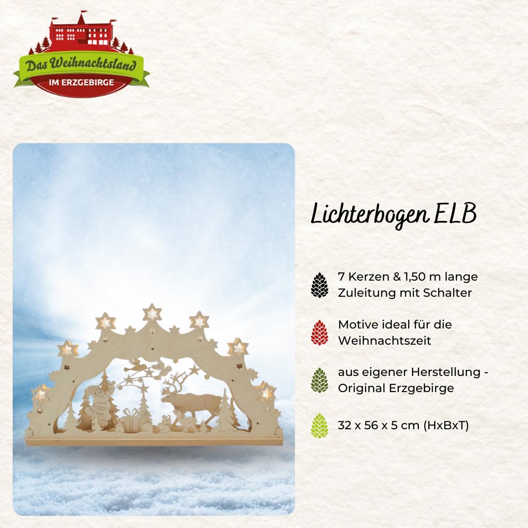 Lichterbogen ELB – Motiv Weihnachtsmann mit Geschenk | 32 x 56 x 5 cm – Schwibbogen aus Holz – Leuchtbogen mit 7 Kerzen – Original Erzgebirge Fensterbogen – Weihnachtsdeko