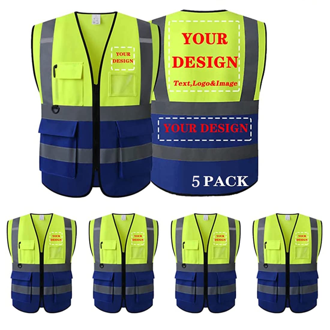 Custom LOGO Hi Vis Vest 5 Pocket and zipper,Personalised Reflective Protective Waistcoat