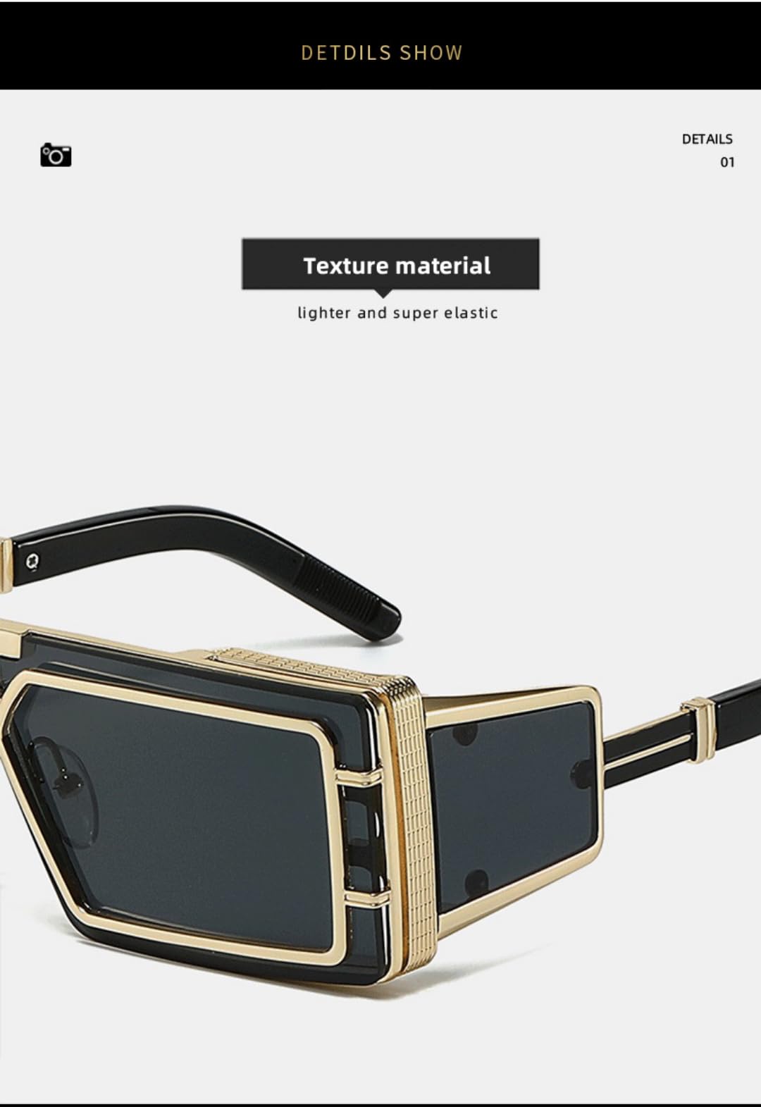 Gafas de sol cuadradas geométricas negras, marco lateral de metal dorado | Marco cuadrado grueso con ribete de metal dorado texturizado, diseño único de panel lateral y lentes oscuras protectoras