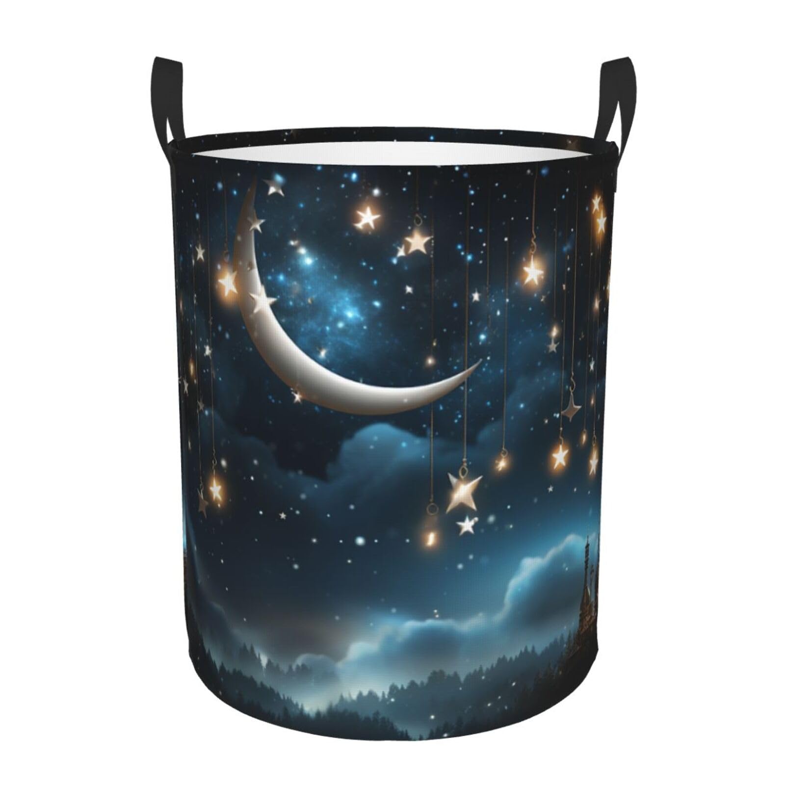 Nightsky Hanging Moon Stars Laundry Basket Foldable Laundry Hamper Waterproof Collapsible Washing Bin Clothes Bag Freestanding Dirty Clothes Hampers for Laundry, Bedroom, Dorm