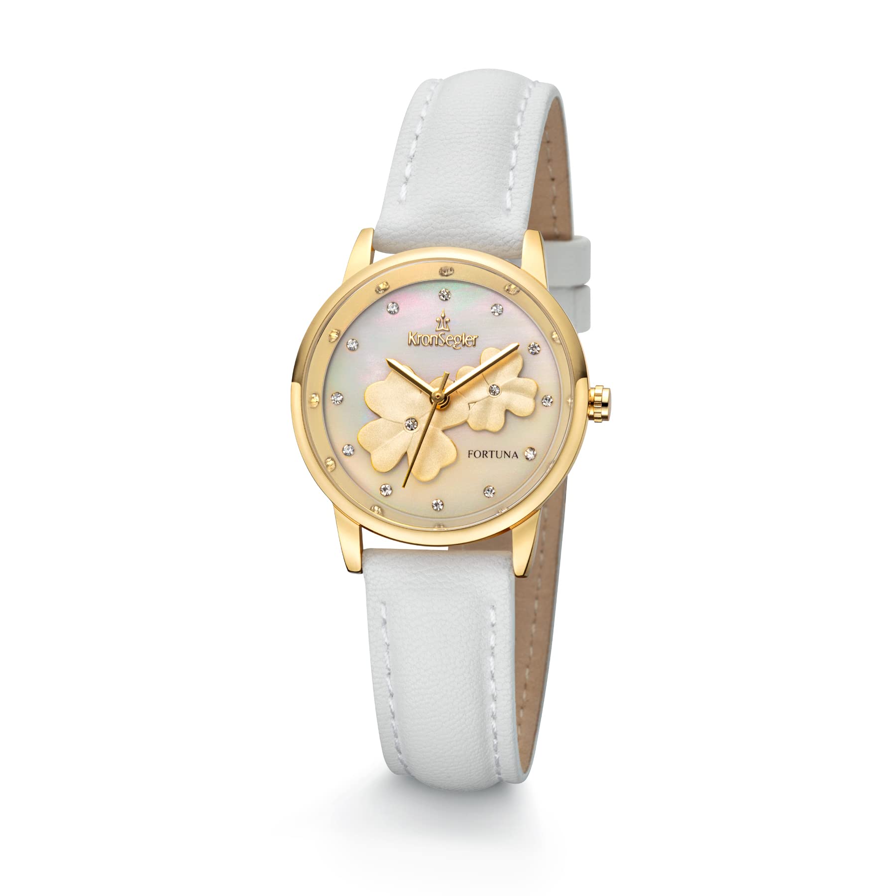 Kronsegler Orologio da donna Fortuna placcato oro - bianco | zirconia, cinturino in morbida fibra di mela vegana, quadrante bianco con trifoglio d'oro