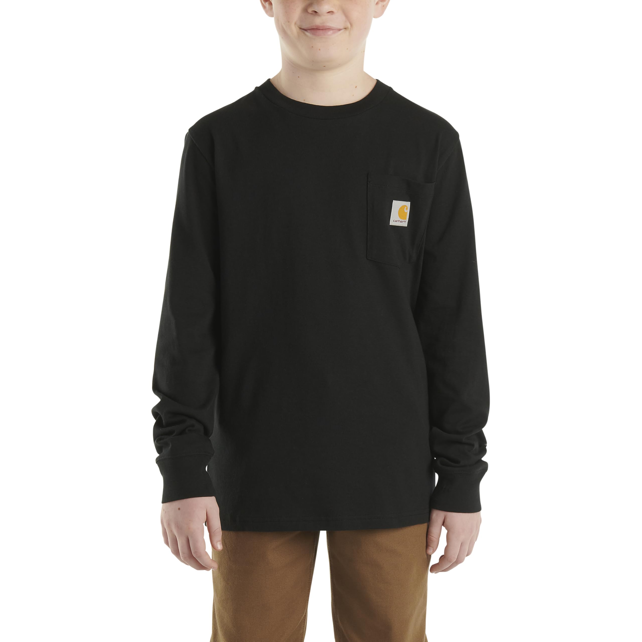 Boys' Long Sleeve Crewneck T-Shirt with Pocket, Caviar Dark Black