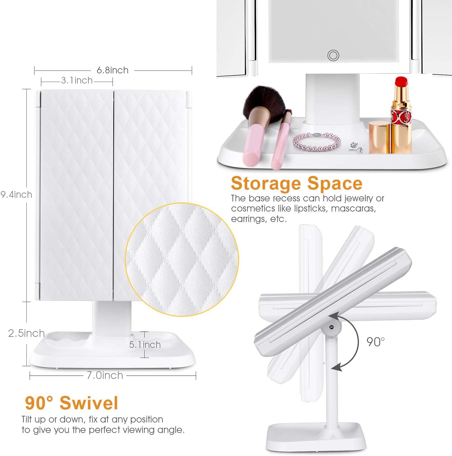 Makeup Mirror with Lights, Lighted Makeup Mirror with 72 LED Lights, 1X/2X/3X Magnifying Mirror 3-Color Lighting Trifold Vanity Mirror, Adjustable Brightness, Dual Power Supply, Gift for Women