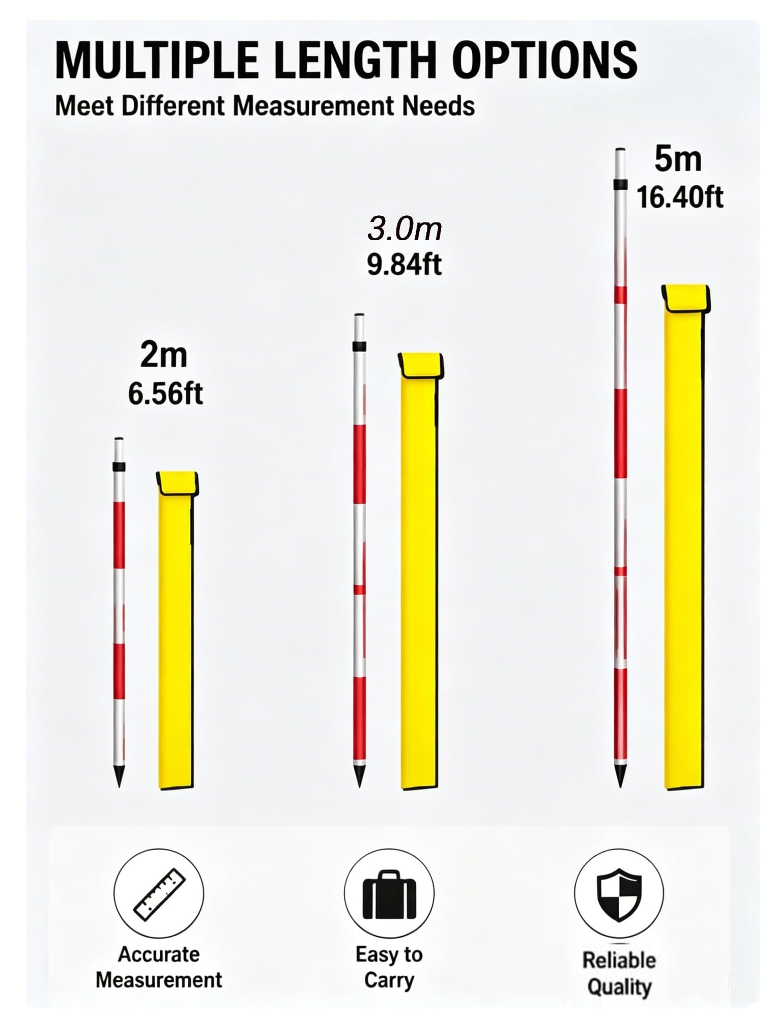 Jalón de medición de Aluminio, Varilla de centrado Desmontable para topografía e ingeniería de la construcción, Tipo unión, 5,0 m/16,4 pies de Longitud.