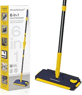 MinuteToCleanIt 6-in-1 Floor Cleaning Kit Microfiber Mop with Wiper, Jhadu, Scraper, Duster & Gap Brush Wet & Dry Pocha Set with 360° Rotation, Stainless Steel Handle for Home, Kitchen, Bathroom