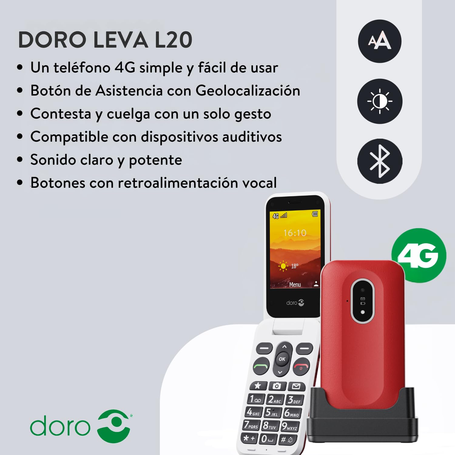 Doro - Leva L20 - Téléphone Portable Senior - Téléphone À Clapet 4G Débloqué - Grand Écran - Son HD Puissant - Appareil Photo - Touche d'Assistance Avec GPS - Socle Chargeur Inclus - Rouge/Blanc