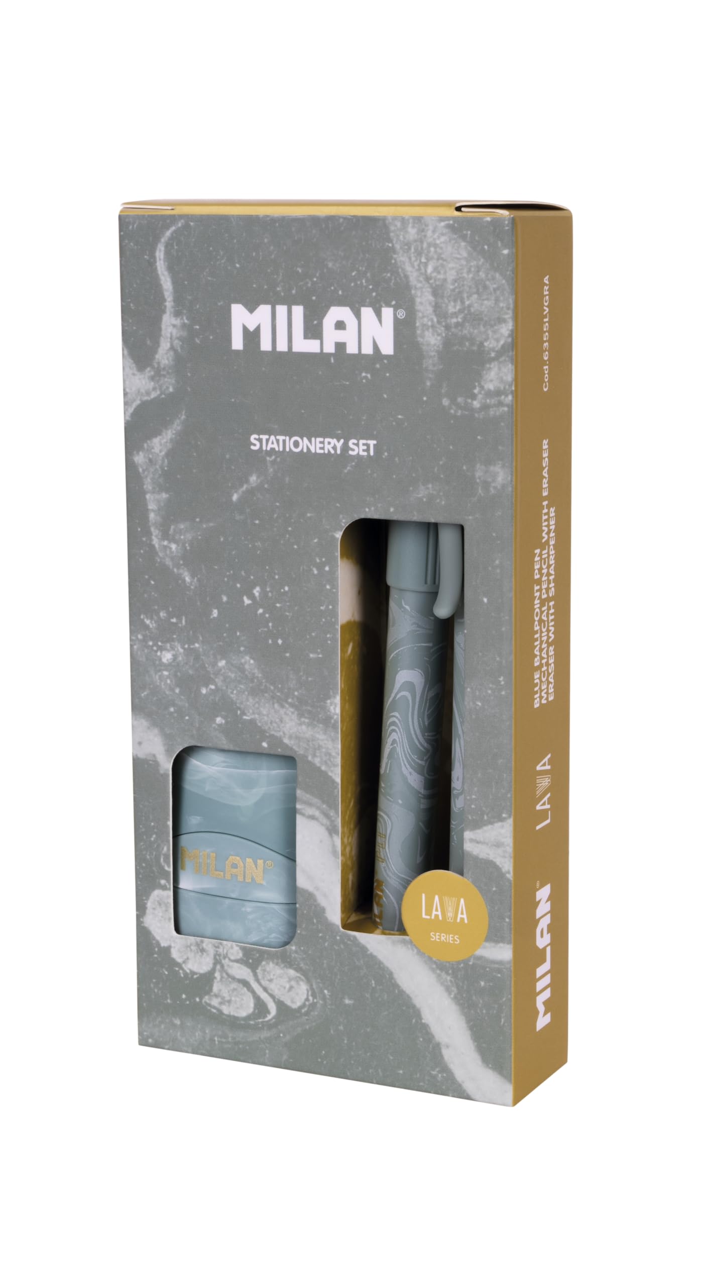 MILAN® Lava Series Gift Box with P1 Ballpoint Pen, PL1 Mechanical Pencil 0.5mm HB and CAPSULE Sharpener, Green