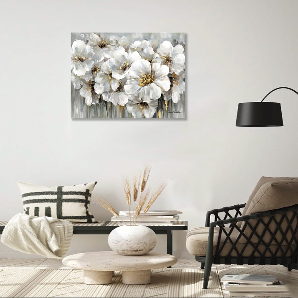 Living Room Flower Picture Wall Art White Floral with Gold Accents Print on Canvas for Grey Bedroom Decor 32 x 24 Bloom floral 32"L x 24"W