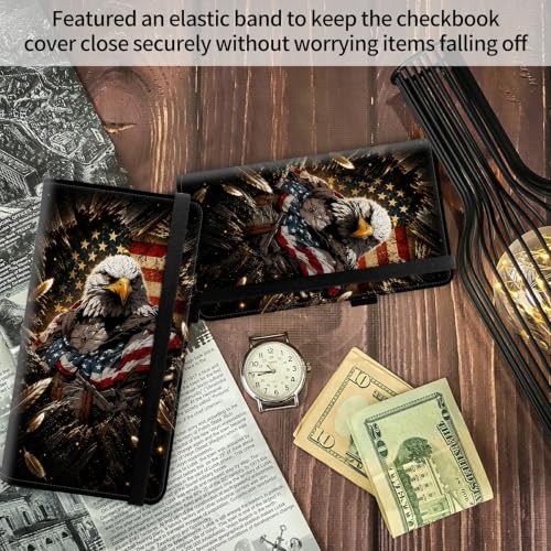 Image of FUYOCWE Patriotic Bald Eagle USA Flag Checkbook Cover for Men & Women | RFID Blocking Vegan Leather Checkbook Case Card Holder for Personal and Business Checks with Pen Holder & Elastic Band