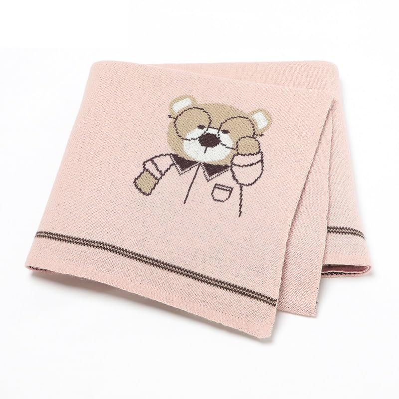Zeraks Cute Baby Blanket with Adorable Bear Design - Soft Knitted Cotton Swaddle Blanket for Newborns, Infants, and Toddlers, Stroller Cover, Play Mat, and Nursery - 39 x 31 in (Pink)