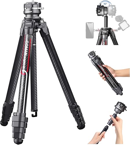 Miniatura 1 de COMAN - Trípode ligero para cámara de viaje, soporte compacto de fibra de carbono de 62.2 pulgadas, cabezal de bola de 360  desmontable con placa