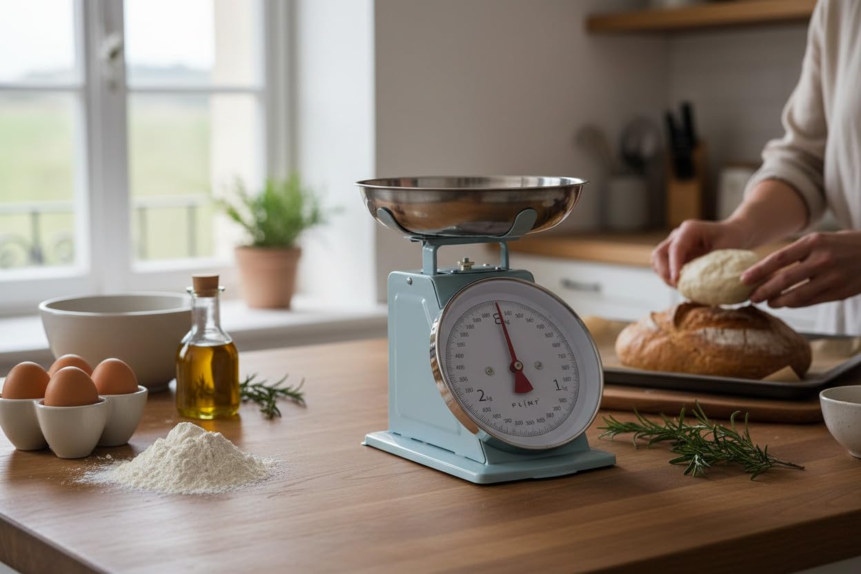 LS-LebenStil Vintage Küchenwaage Retro Blau Manuelle Analoge Backwaage großes Ziffernblatt mit 1L Edelstahl Schüssel ohne Batterie/Strom Küche Waage