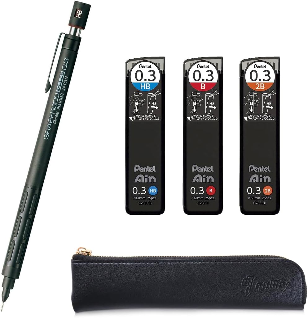 Graph 1000 for Pro Mechanical Drafting Pencil + Ain HB/B/2B leads, original Black slim pen case (0.3)