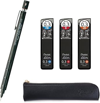 Graph 1000 for Pro Mechanical Drafting Pencil 0.3mm PG1003 + Ain 0.3 HB/B/2B leads, qullity original Black slim pen case