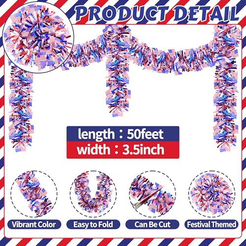 Image of 50FT 4th of July Patriotic Tinsel Garland, Glitter Tinsel Garlands with Flag, Metallic Holiday Hanging Streamers for Memorial Day Independence Day Indoor Outdoor Party Decor