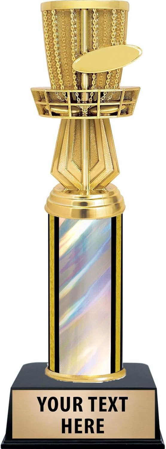 Crown Awards 11" Disc Golf Silver Column Trophy, Trophy Award with Frisbee & Basket - Add Your Own Engraving Prime