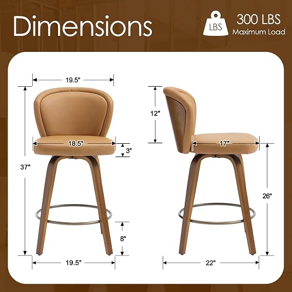 HNY Swivel Counter Height Bar Stools Set of 2, 26 Inch Barstools with Wanlut Wooden Leg and Back, Faux Leather Upholstered Counter Stools for Kitchen Island, Brown