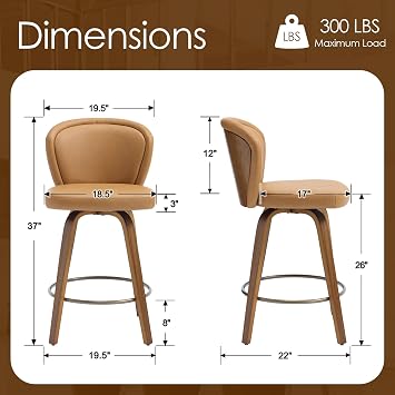 HNY Swivel Counter Height Bar Stools Set of 2, 26 Inch Barstools with Wanlut Wooden Leg and Back, Faux Leather Upholstered Counter Stools for Kitchen Island, Brown