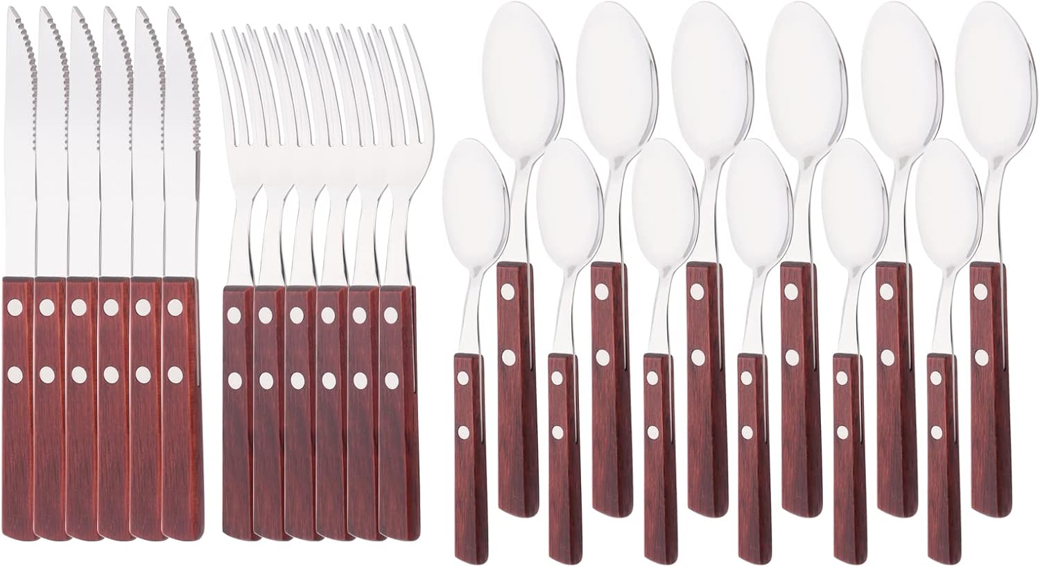 24 PCS Silverware Flatware Set with Wooden Handle, Uniturcky 304 Stainless Steel Cutlery Set for Home Kitchen Restaurant, Tableware Set for 6, Steak Knife Spoon Fork Set - Red Brown Wood Handle