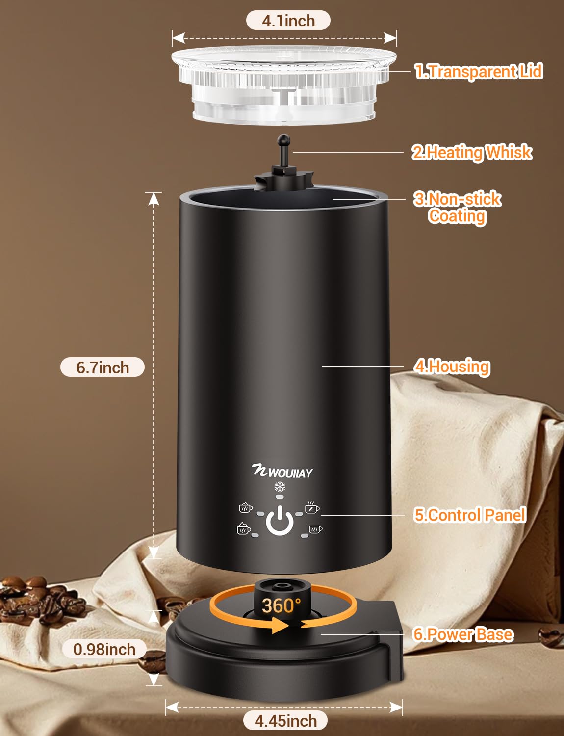 5 in 1 Milchaufschäumer Elektrisch 600W Automatischer Milchaufschäumer für 350 ml heißen kalten Milchschaum mit Antihaftbeschichtung, Ein-Klick-Steuerung für heiße Schokolade, Latte, Cappuccino etc