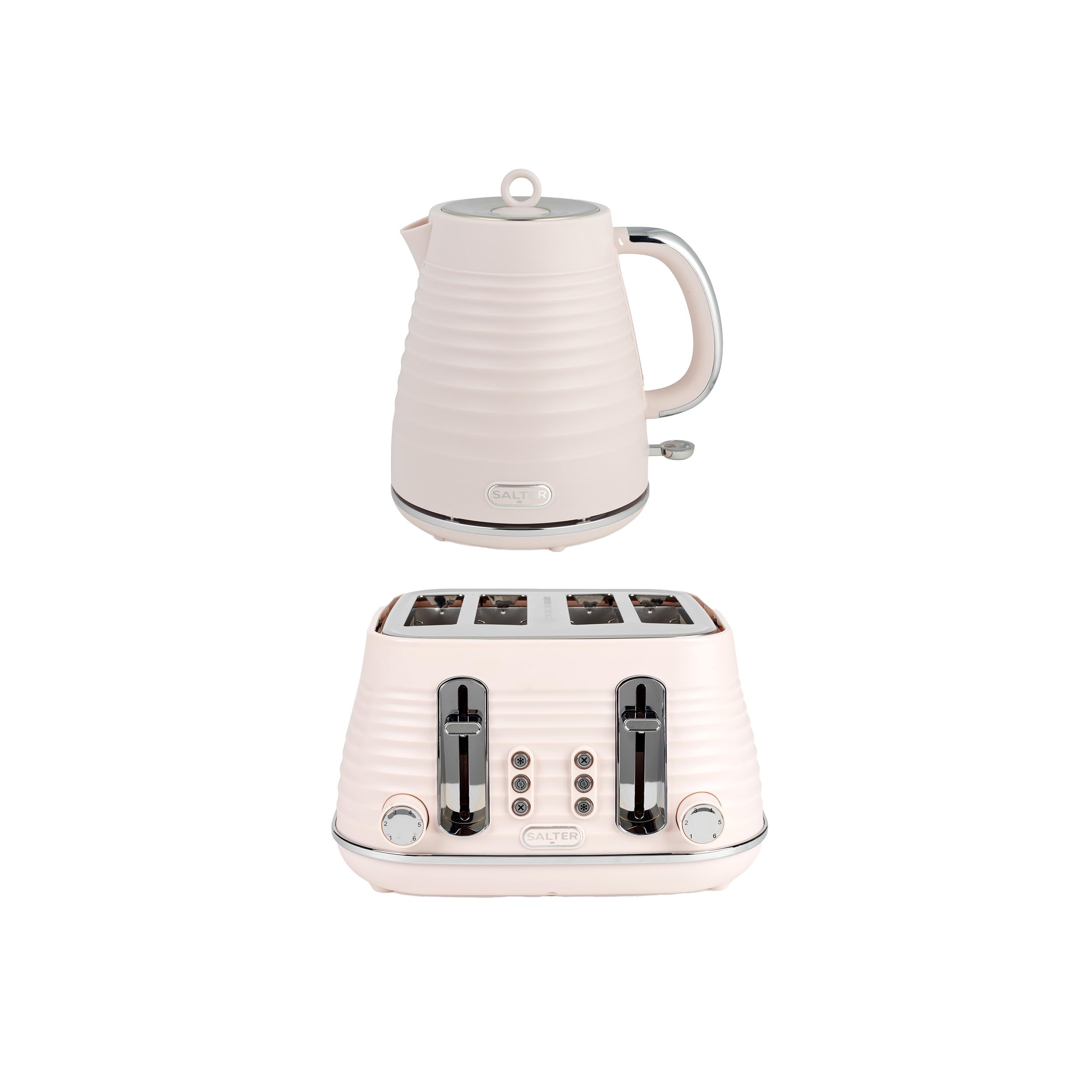 Salter Ripple Pink Toaster & Kettle Set โ 4-Slice 1630W Toaster, 6 Browning Levels, Defrost/Reheat/Cancel, 1.7L Rapid Boil Kettle with Removable Limescale Filter, Auto Shut-Off, Textured Design