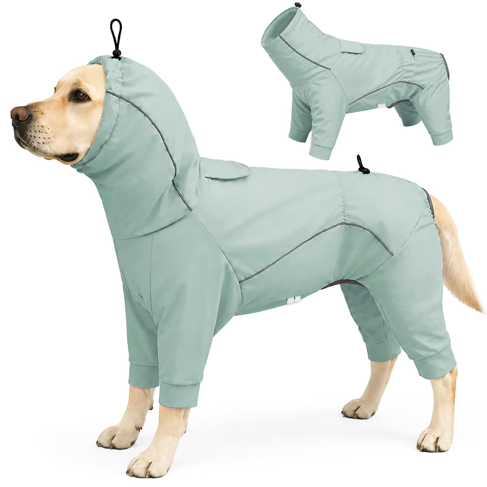 Hunde-Regenmantel mit 4 Beinen, wasserdicht, winddicht, Kapuzenjacke mit reflektierenden Streifen und Loch für die Leine, für kleine, mittelgroße und große Hunde bis zu 40 kg, Grün, Größe S