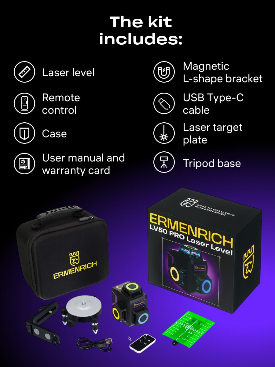 PRO LV50 Livella Laser Verde Autolivellante Modalità Impulsi 30 m 3D 12 Linee — 360° — IP54 Telecomando Ricaricabile Base Treppiede Piastra Bersaglio Staffa Tipo C Inclusa